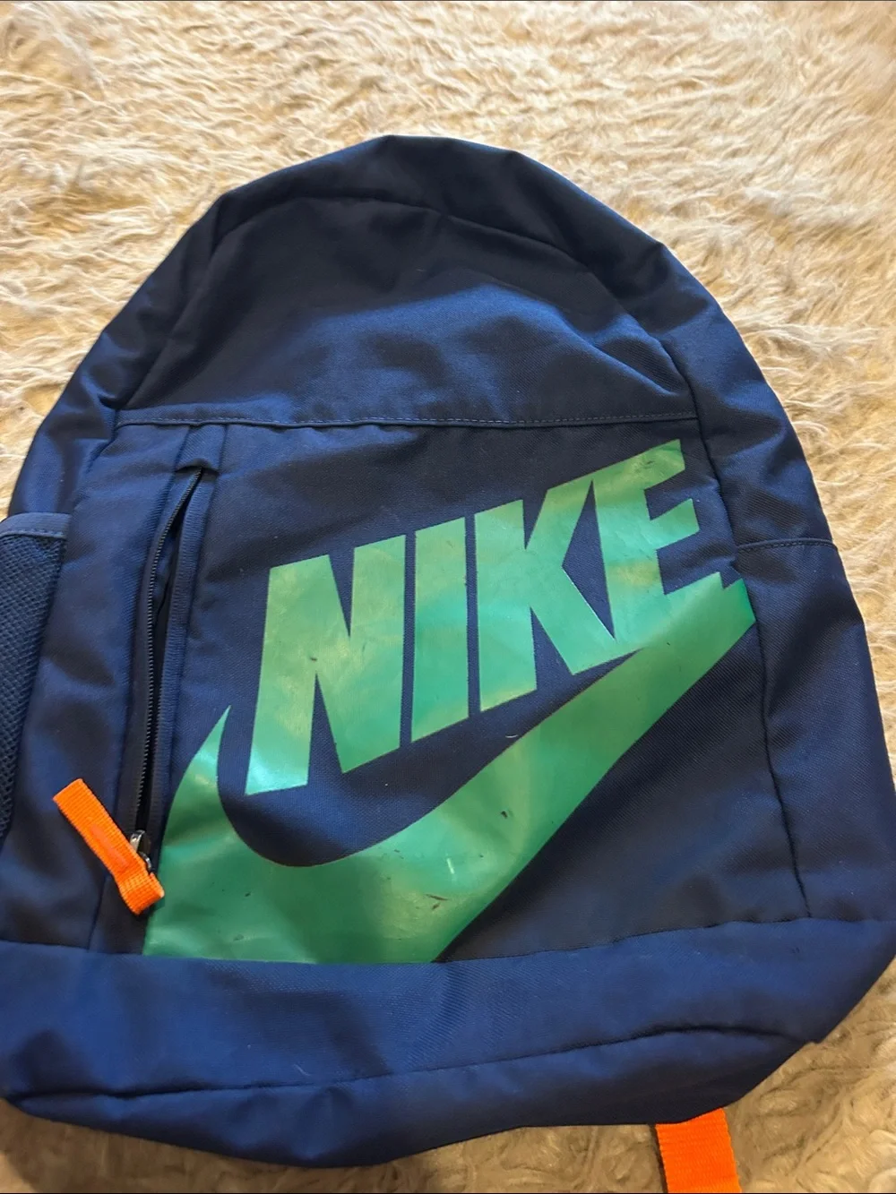 Nike Navy And Teal Kids Backpack with Green Logo and Orange Straps